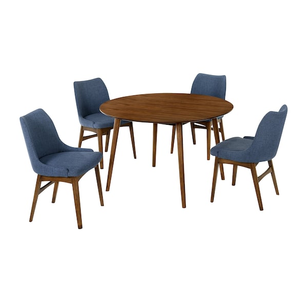 Armen Living Arcadia and Azalea 48" Round Blue and Walnut Wood 5 Piece Dining Set SETARDI5AZWABLU48 - main